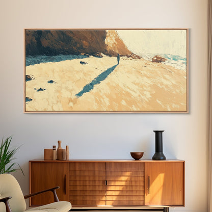 Lone Beach Wanderer, Framed Canvas Print, landscape painting, moody art, wabi sabi wall art, extra wide art, above bed wall art