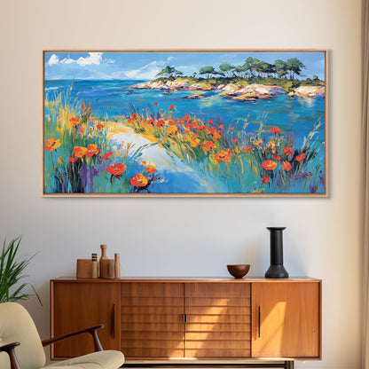 Coastal Poppies, Framed Canvas Print, California poppy art, coastal painting, wildflower painting, seascape art, above bed wall art