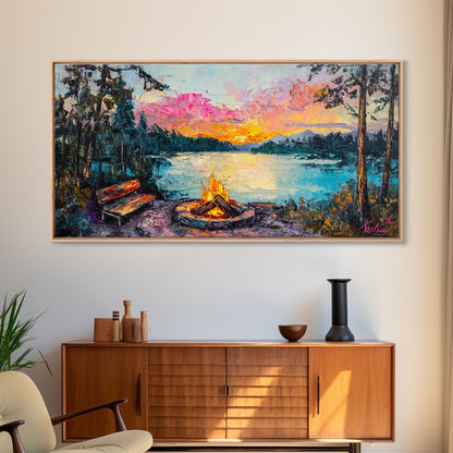 Campfire by Lake, Mountain Painting, Landscape Art, Moody Art, Framed Canvas Print, Above Sofa Art, Wabi Sabi Art, Rustic Decor