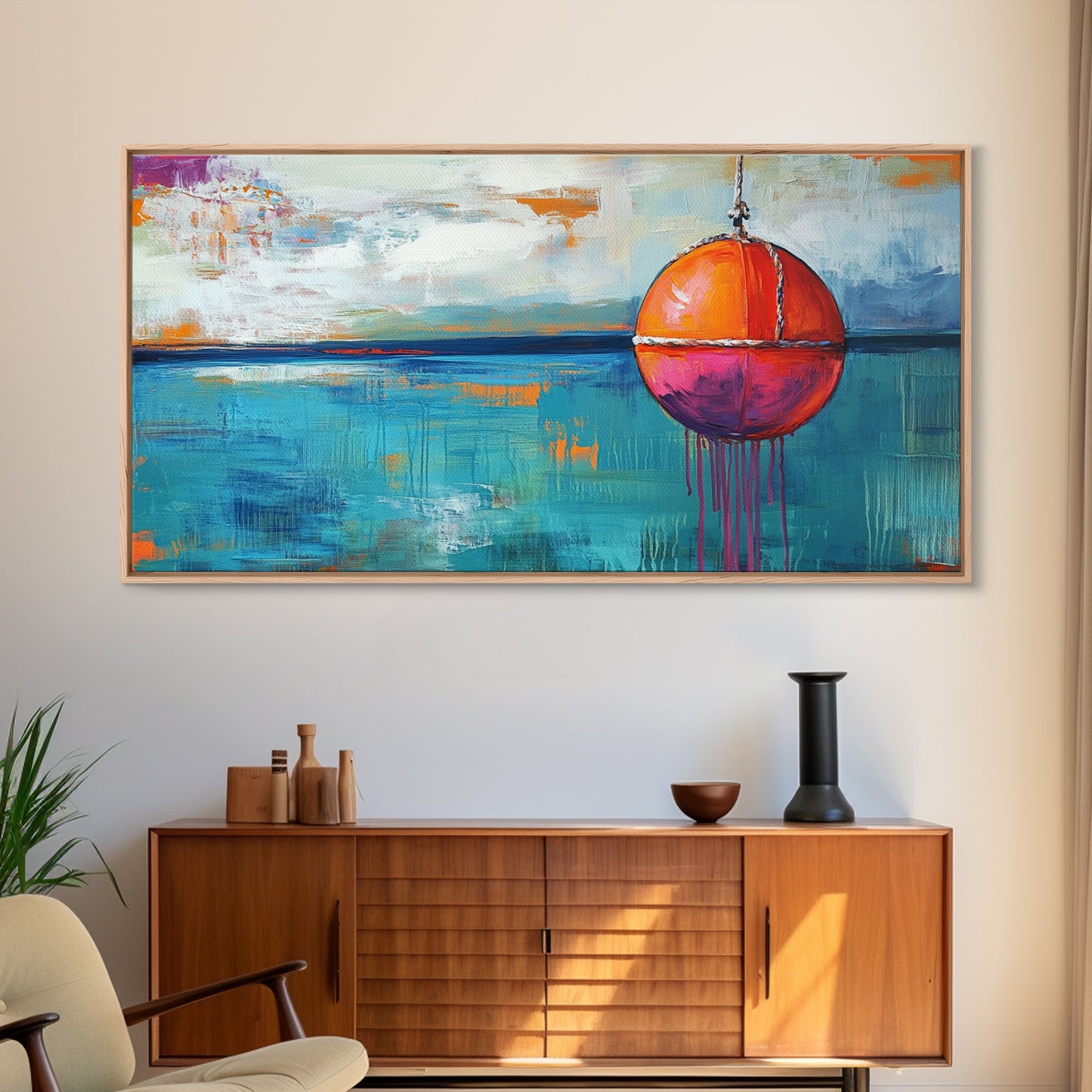 Nautical Buoy Painting, coastal wall art, blue and green wall art, nautical decor, ocean painting, framed canvas print, rustic decor