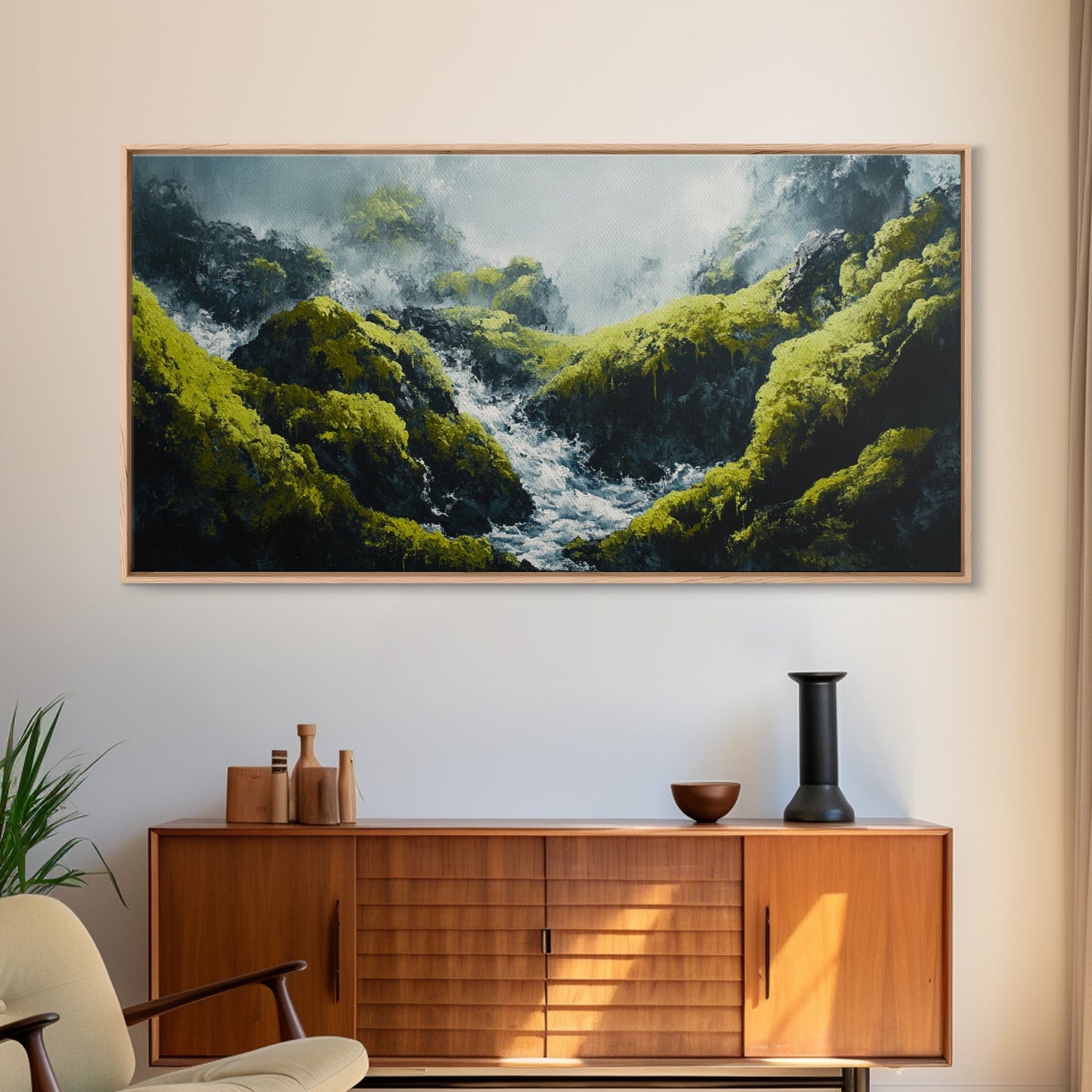 Waterfall Moss, green wall art, framed canvas print, mountain painting, zen wall art, rustic decor, original painting, above couch art