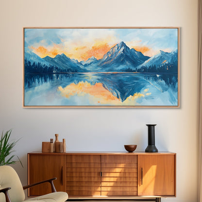 Lake Reflection, Sunset Mountains, Panoramic Art, Framed Canvas Print, Mountain Painting, Lake Art, Horizontal Wall Art, Bedroom Art