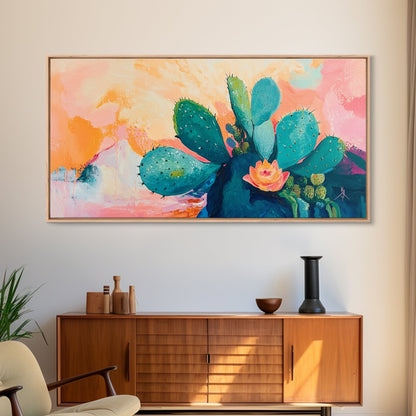 Prickly Pear Cactus, agave painting, southwest wall art, boho art, pink orange wall art, extra wide art, Framed Canvas Print