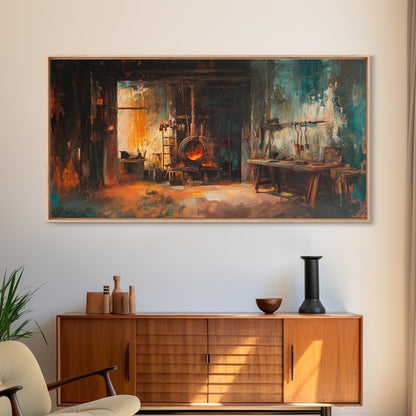 Rustic forge, blacksmith, industrial art, dark romance painting, vintage art, moody art, framed canvas print, horizontal wall art, gift idea