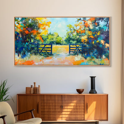 Open Gate, countryside painting, landscape art, framed canvas print, autumn wall art, farmhouse decor, rustic art, extra wide art