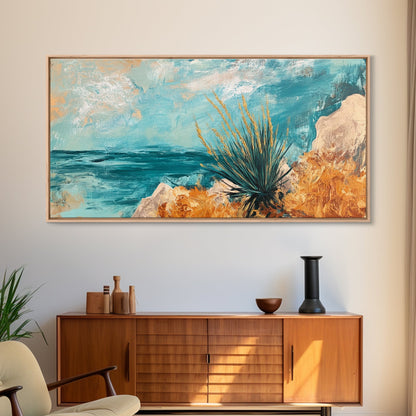 Coastal Desert Painting, agave painting, southwest wall art, Joshua tree art, coastal landscape art, Framed Canvas Print