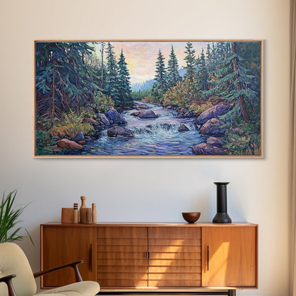 Forest River Scene, pine tree art, mountain painting, landscape painting, smoky mountain art, rustic decor, Framed Canvas Print