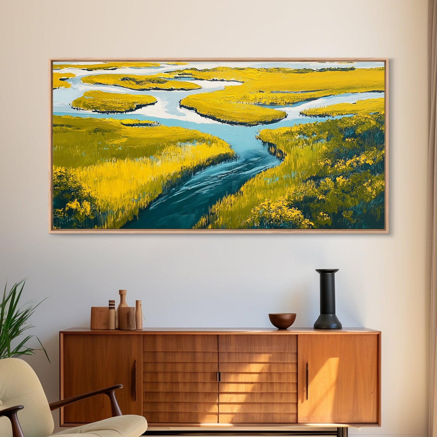 Marshland Landscape, marsh painting, landscape painting, above sofa art, extra wide art, panoramic art, Framed Canvas Print