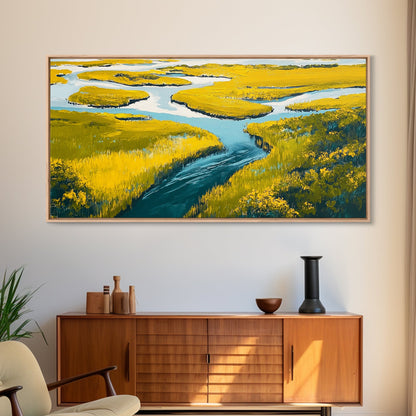 Marshland Landscape, marsh painting, landscape painting, above sofa art, extra wide art, panoramic art, Framed Canvas Print