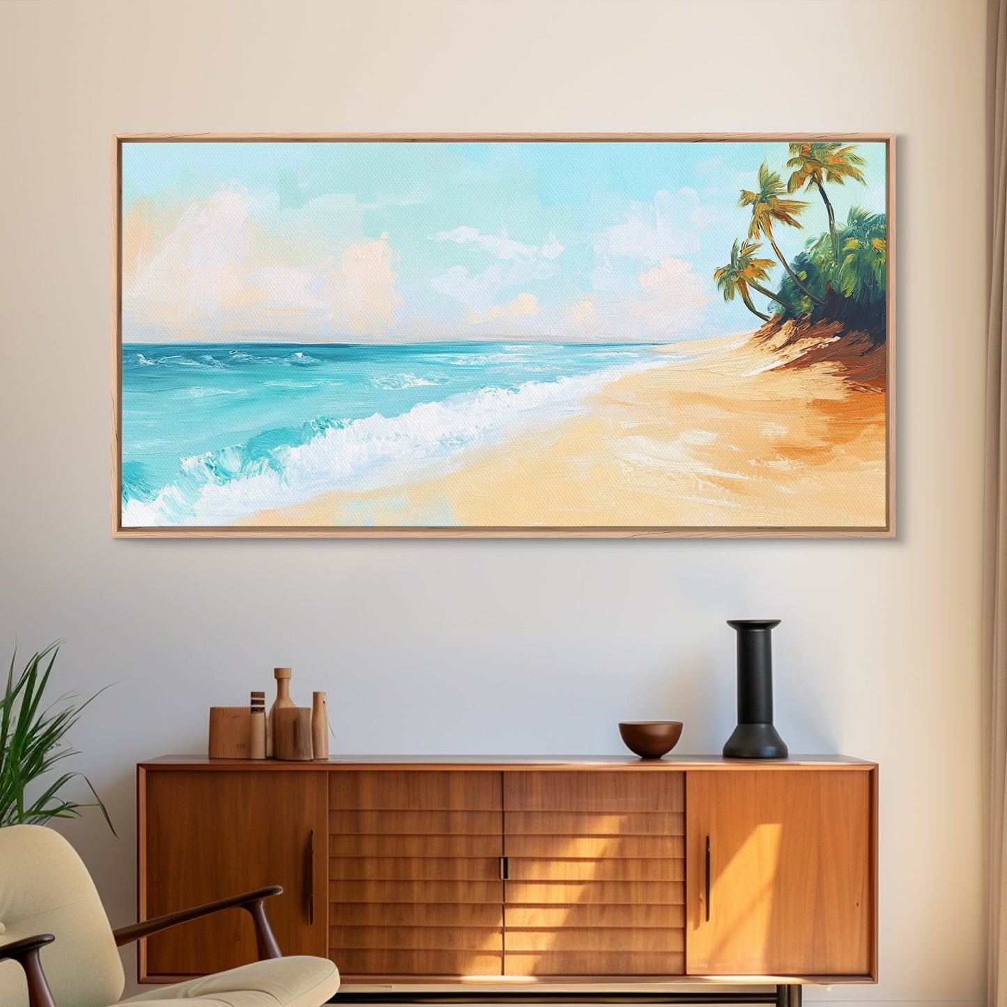 Tropical Beach, Coastal Landscape Art, Nautical Decor, Coastal Cowgirl Wall Art, Framed Canvas Print, Blue and Green Wall Art