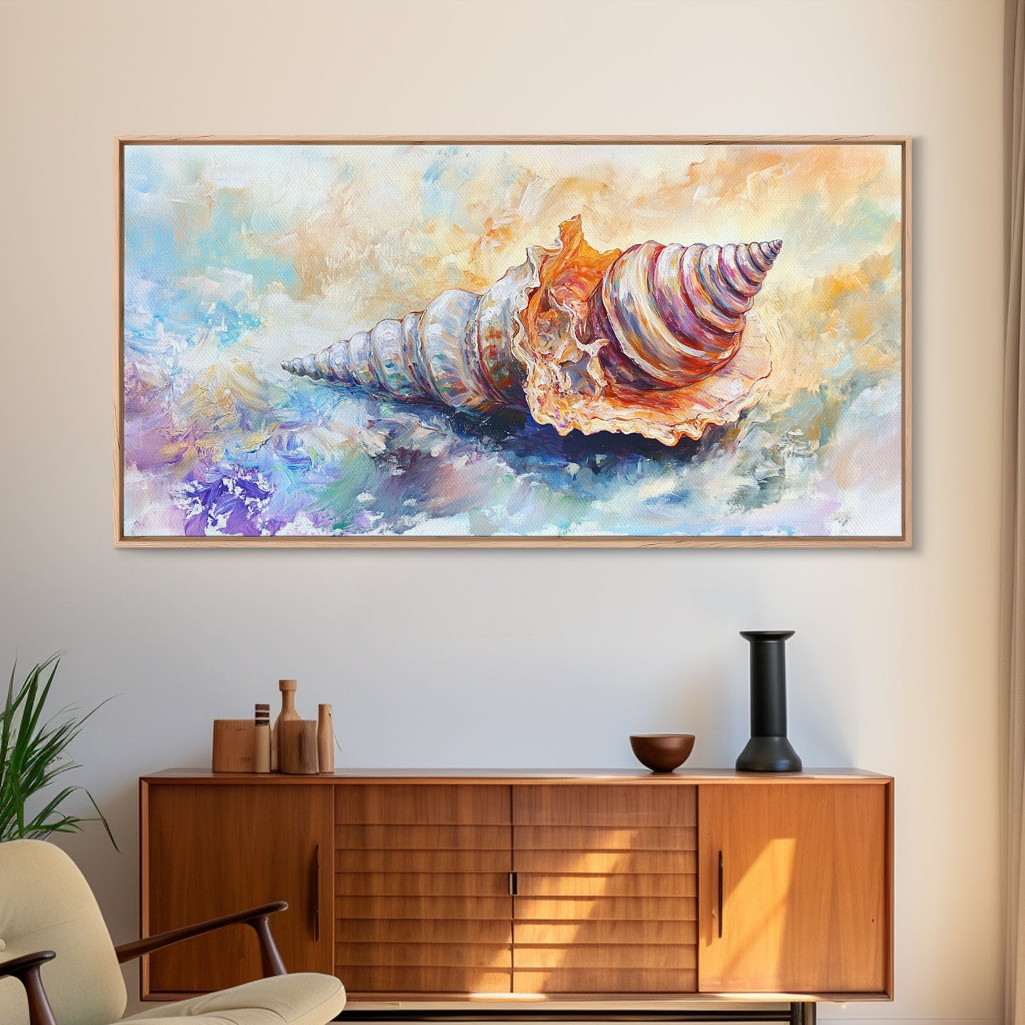 Shell Painting, Coastal Decor, Beach House Wall Art, Nautical Painting, Framed Canvas Print, Ocean Inspired Art, Oyster Shell Art