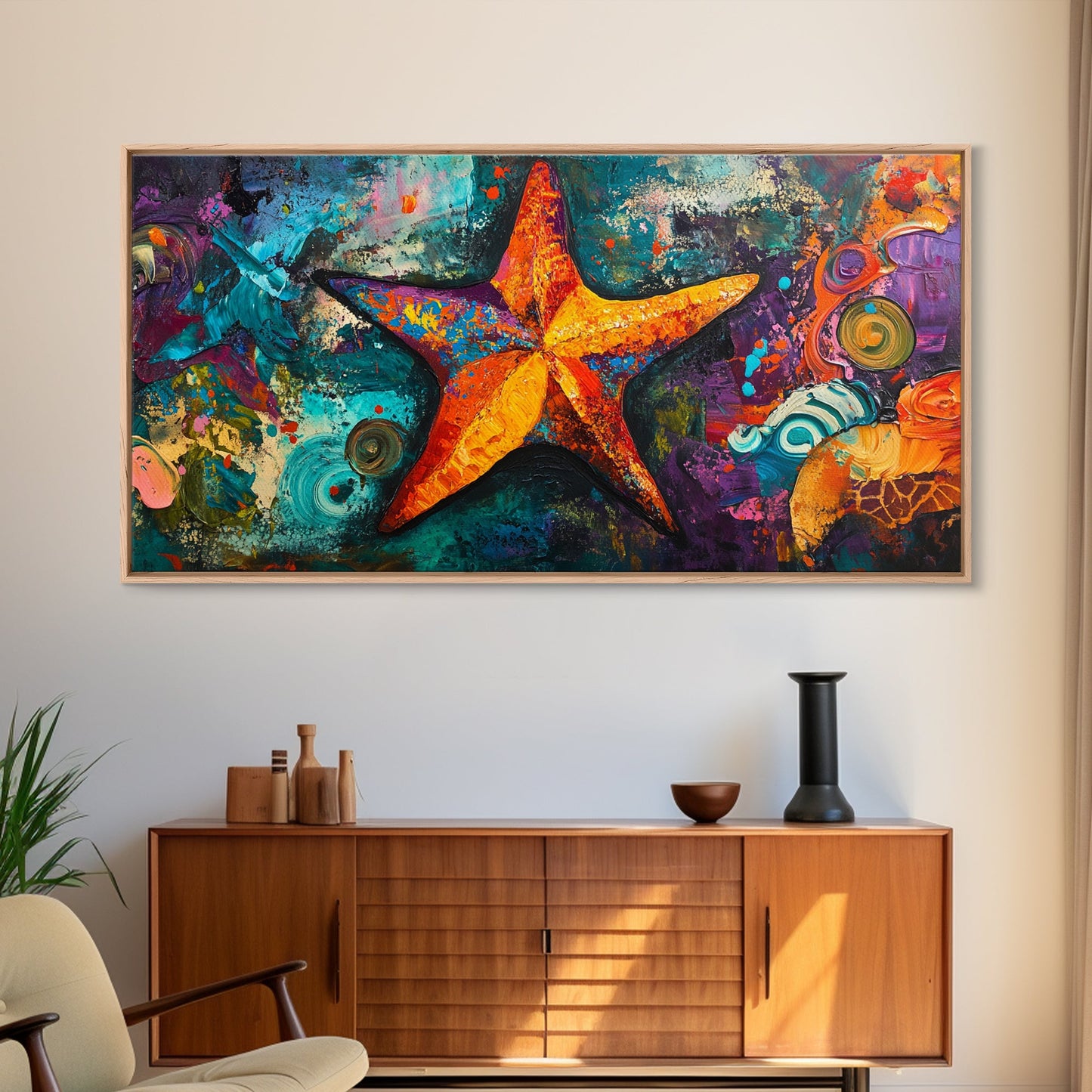 Vibrant starfish, coastal abstract, nautical decor, framed canvas print, ocean painting, coastal painting, whimsical art