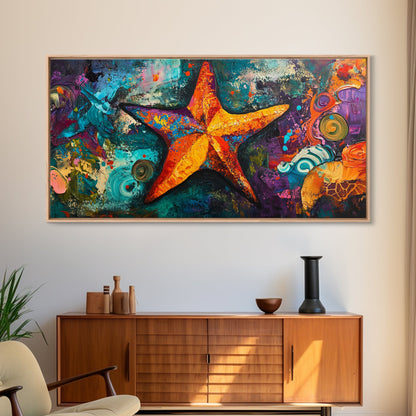 Vibrant starfish, coastal abstract, nautical decor, framed canvas print, ocean painting, coastal painting, whimsical art