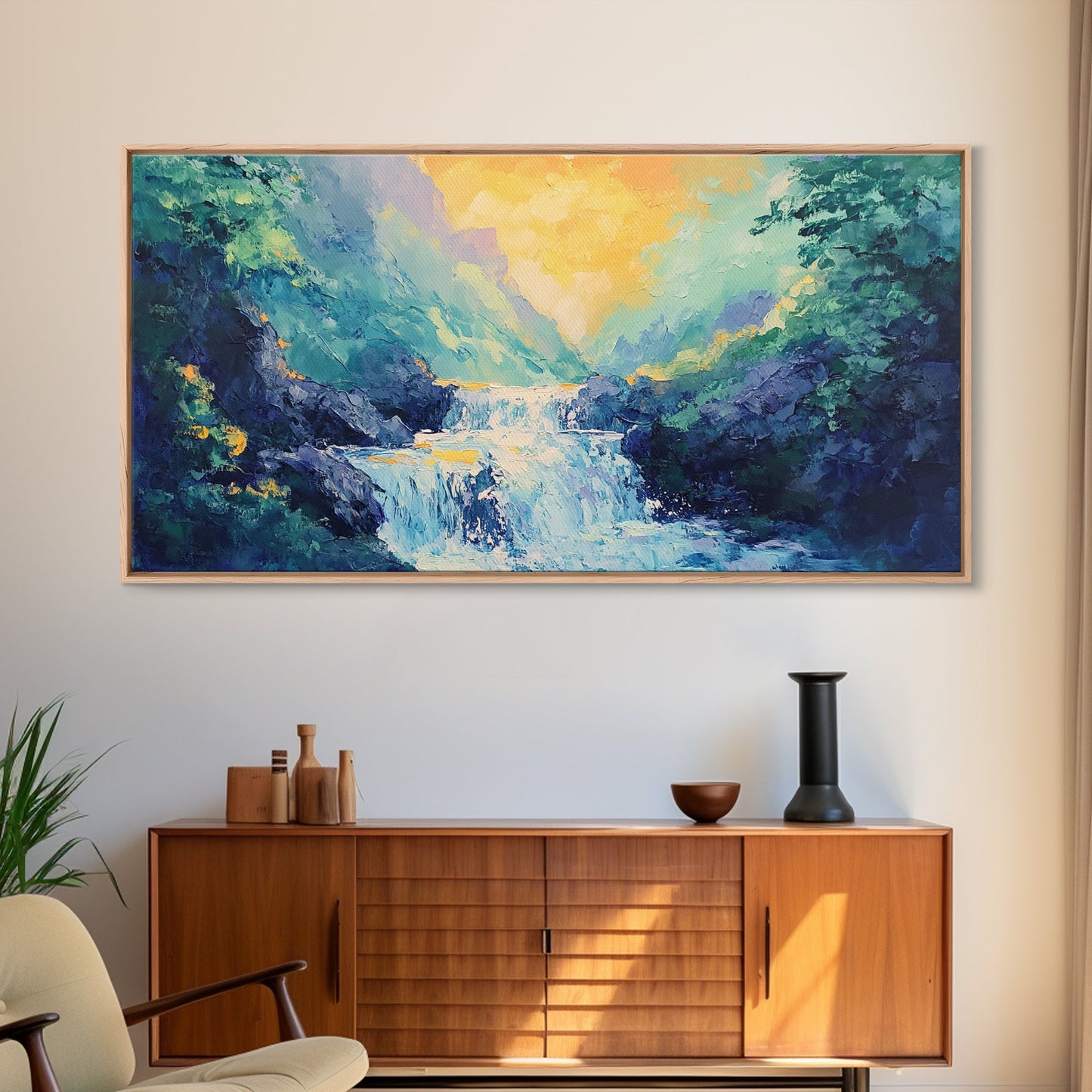 Waterfall Painting, Canvas Print, mountain painting, extra wide painting, nature landscape art, panoramic art, bedroom wall art