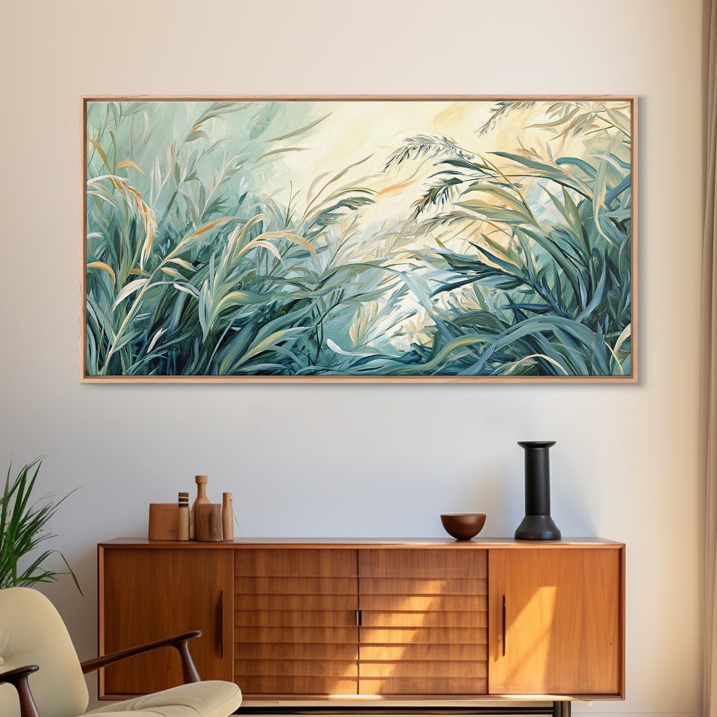 Green grass, warm light, Canvas Print, wabi sabi wall art, sage green wall art, botanical prints, extra wide art, minimalist art