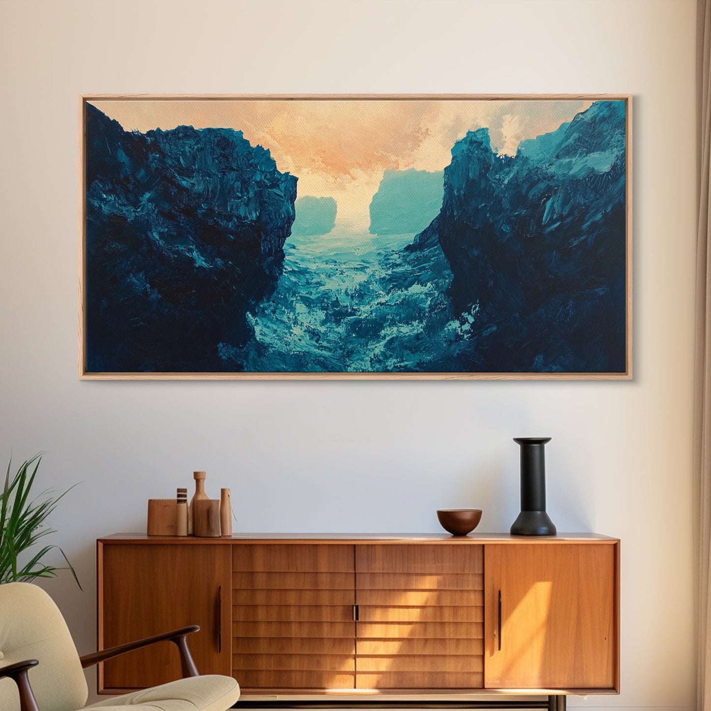 Moody Landscape, dramatic canyon, abstract oil painting, blue and green wall art, panoramic art, Framed Canvas Print, extra wide art
