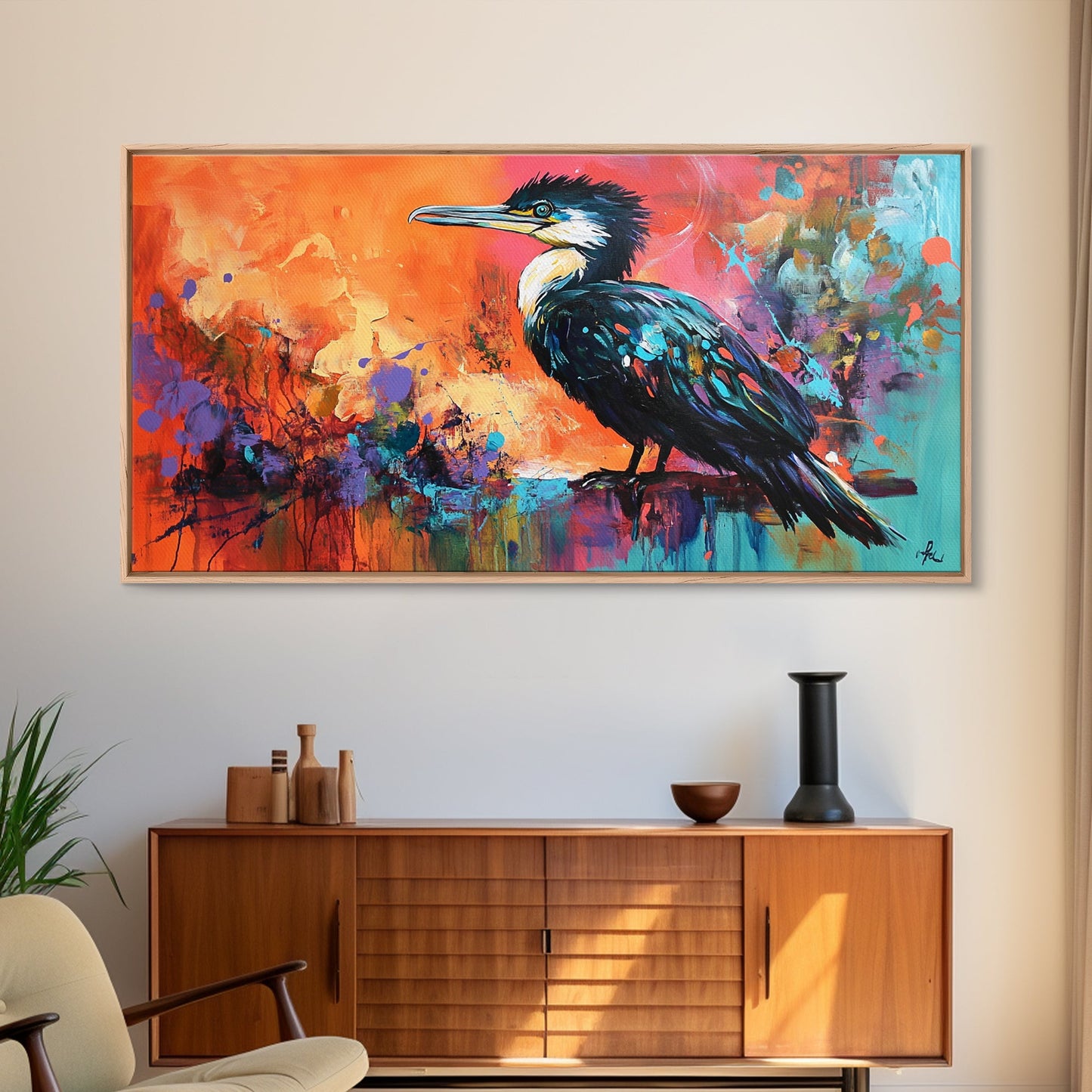 Colorful Bird, bird art, whimsical art, teal wall art, abstract wildlife painting, vibrant decor, boho art, Framed Canvas Print