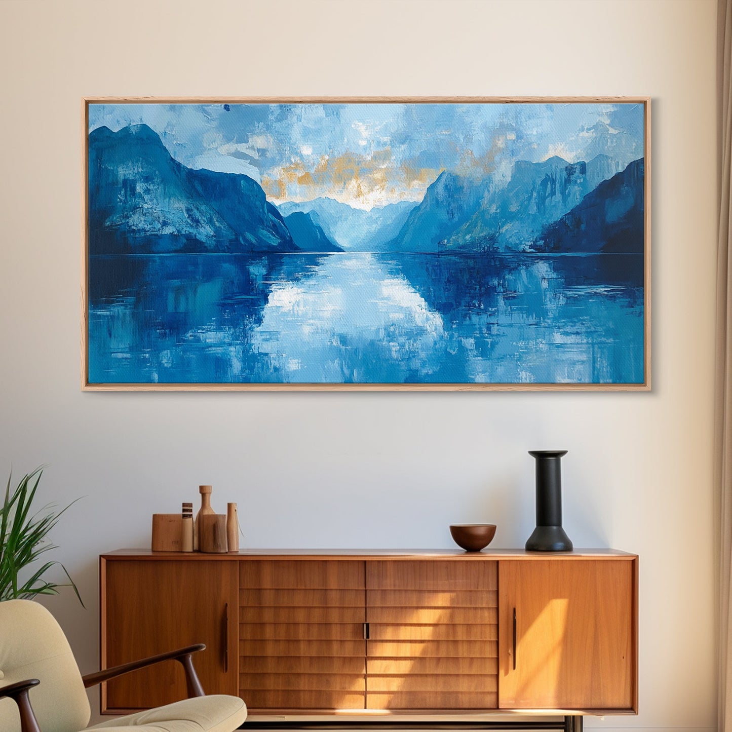 Fjord Painting, Blue and Green Wall Art, Lake Tahoe Art, Nautical Wall Art, Extra Wide Art, Panoramic Painting, Framed Canvas Print