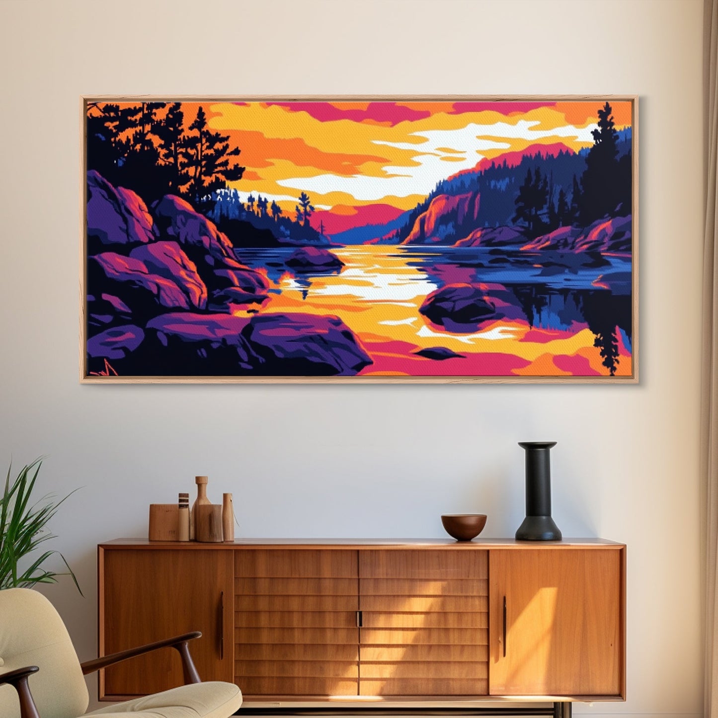 Golden Sunset, Rocky River, Mountain Reflection, Canvas Print, Rustic Lodge Wall Art, Autumn Home Decor, Warm Nature Painting, Colorful Art