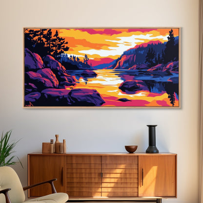 Golden Sunset, Rocky River, Mountain Reflection, Canvas Print, Rustic Lodge Wall Art, Autumn Home Decor, Warm Nature Painting, Colorful Art
