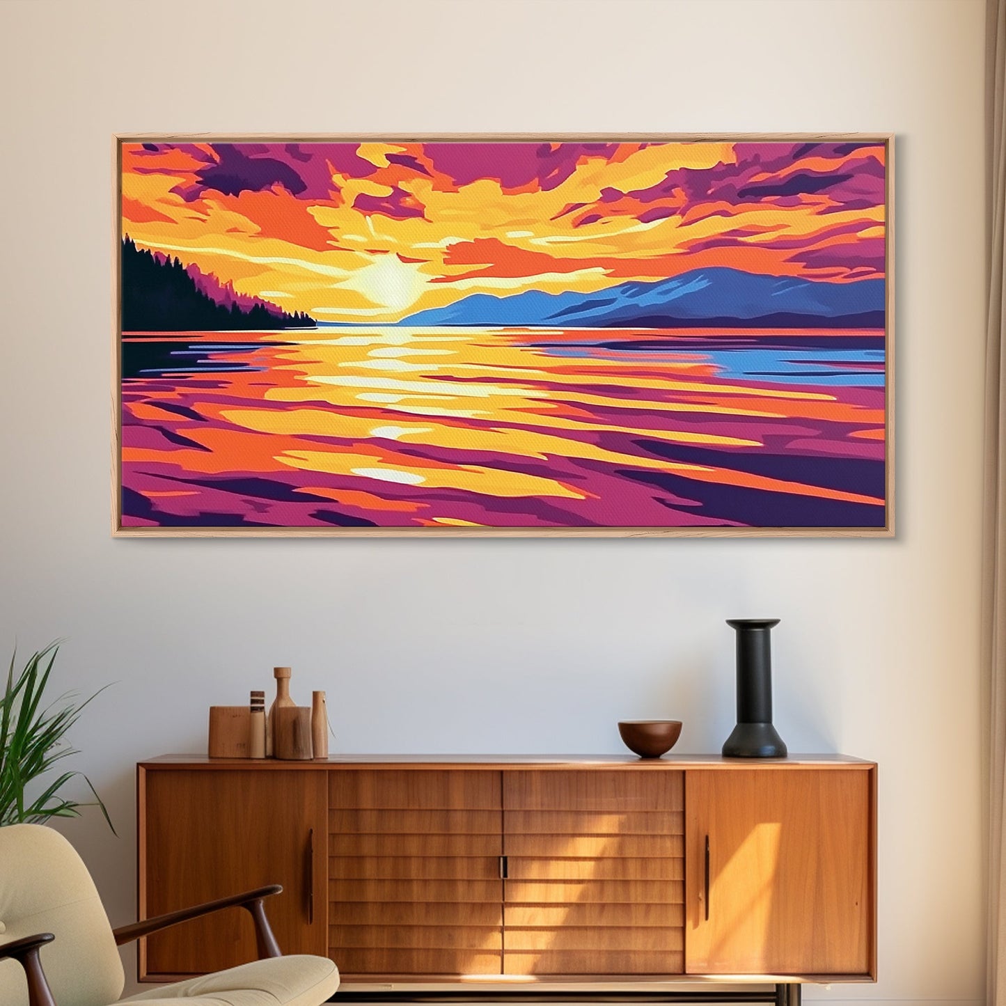 Sunset Glow, Serene Lake Reflection, Mountain Landscape Art, Vibrant Sky Painting, Framed Canvas Print, Office Wall Decor, Modern Home Art