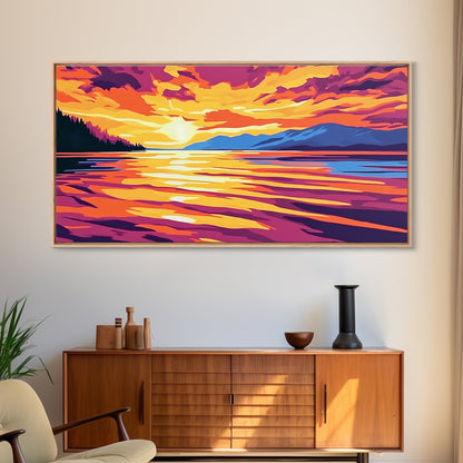 Sunset Glow, Serene Lake Reflection, Mountain Landscape Art, Vibrant Sky Painting, Framed Canvas Print, Office Wall Decor, Modern Home Art