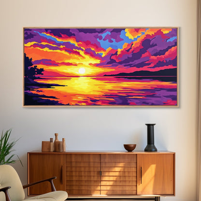 Dramatic Beach Sunset, Vibrant Sky Art, Colorful Coastal Print, Bold Nature Painting, Modern Home Wall Decor, Framed Canvas Print