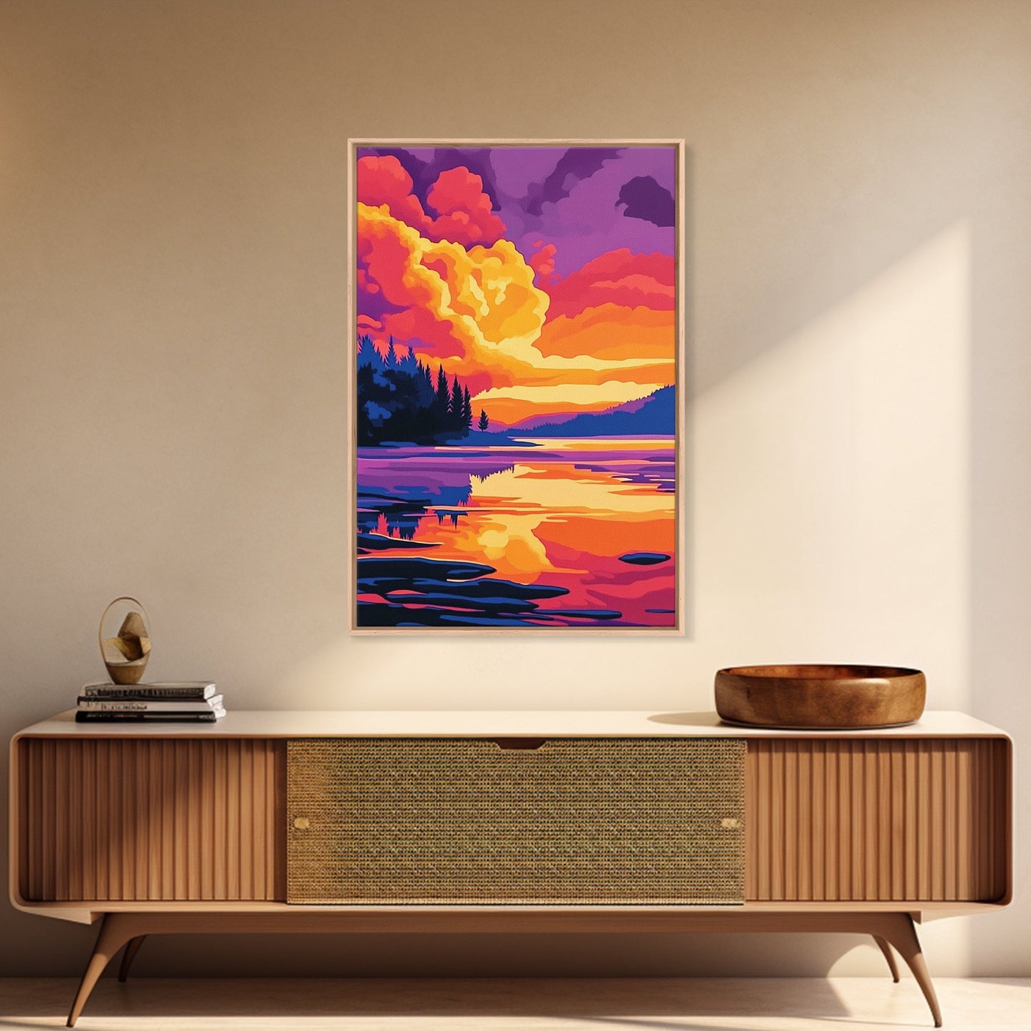 Tranquil Lake, Vibrant Sunset, Reflection Art, Serene Scene, Framed Canvas Print, Living Room Wall Art, Nature Decor, Landscape Painting