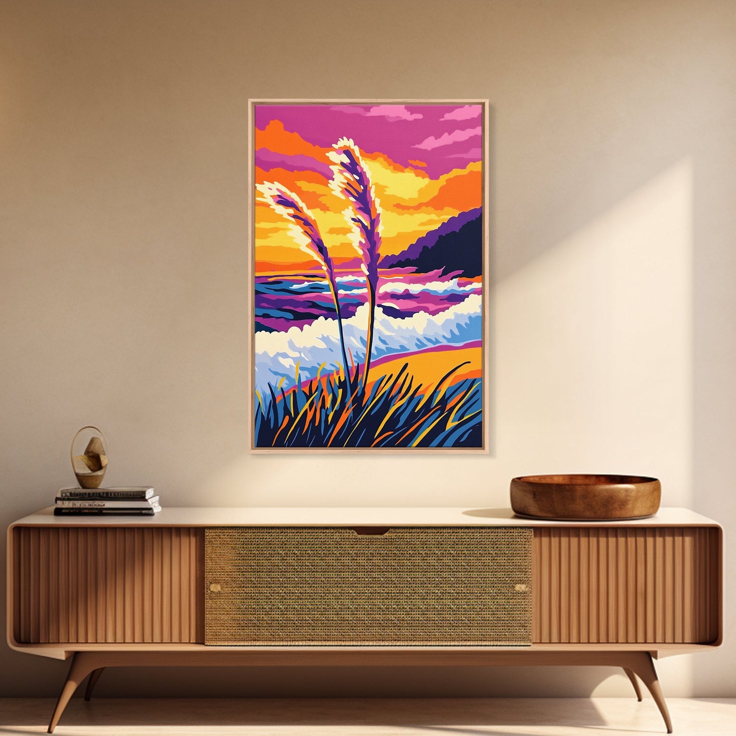 Coastal, Waves, Beach, Ocean, Framed Canvas Print, Vibrant Beach Art, Tropical Wall Decor, Living Room Art, Colorful Nautical Painting