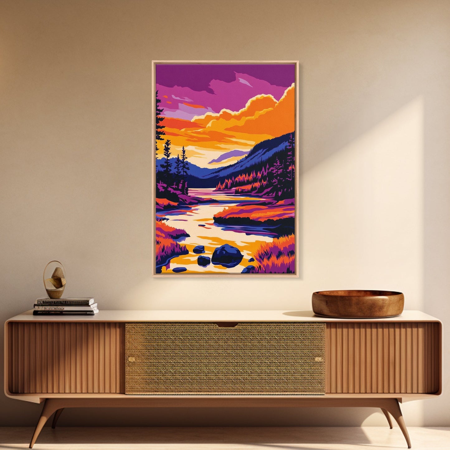 Sunset Lake Art, Colorful Nature Painting, Vibrant Landscape Canvas Print, Cabin Wall Decor, Rustic Home Art, Autumn Boho Wall Art