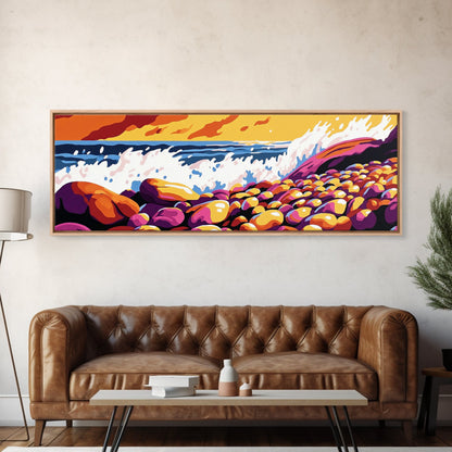 Ocean Waves, Rocky Shore, Coastal Landscape, Framed Canvas Print, Nautical Wall Art, Beach House Decor, Vibrant Seascape, Living Room Art