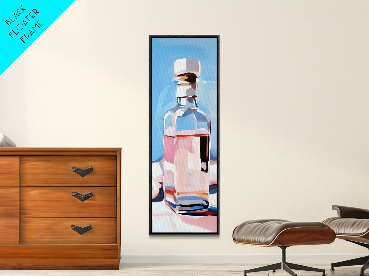 Perfume Bottle, Glass Art, Minimalist, Blue, White, Pink, Fashion, Beauty, Elegant, Living Room, Framed Canvas Print