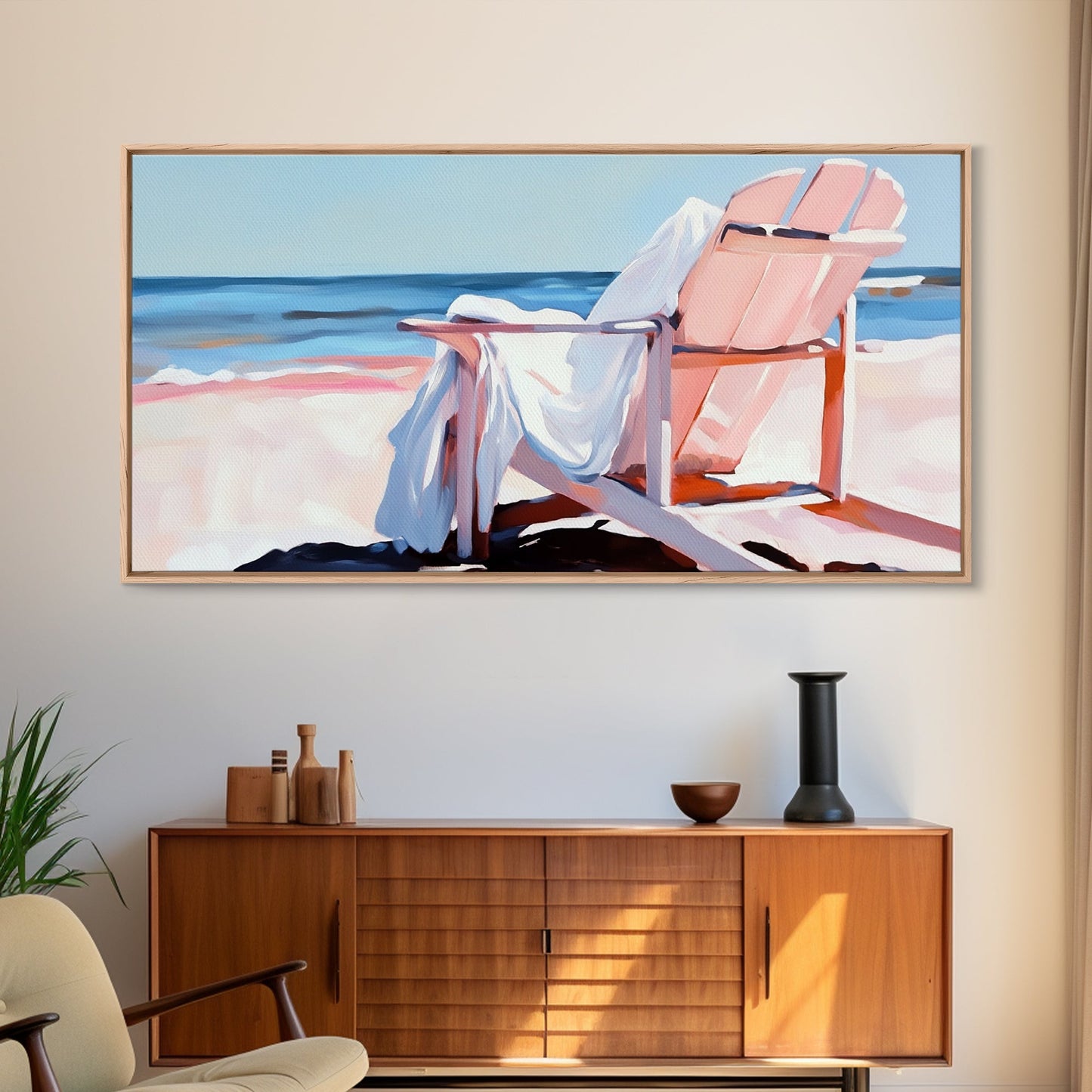 Beach Chair, Ocean View, Coastal Relaxation, Serene Seaside Art, Nautical Home Decor, Pastel Aesthetic, Living Room Wall Art, Canvas Print