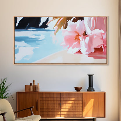 Blossom Beach, Floral Seascape, Coastal Art, Pastel Wall Decor, Living Room Art, Canvas Print, Minimalist Nature Painting, Tranquil Artwork