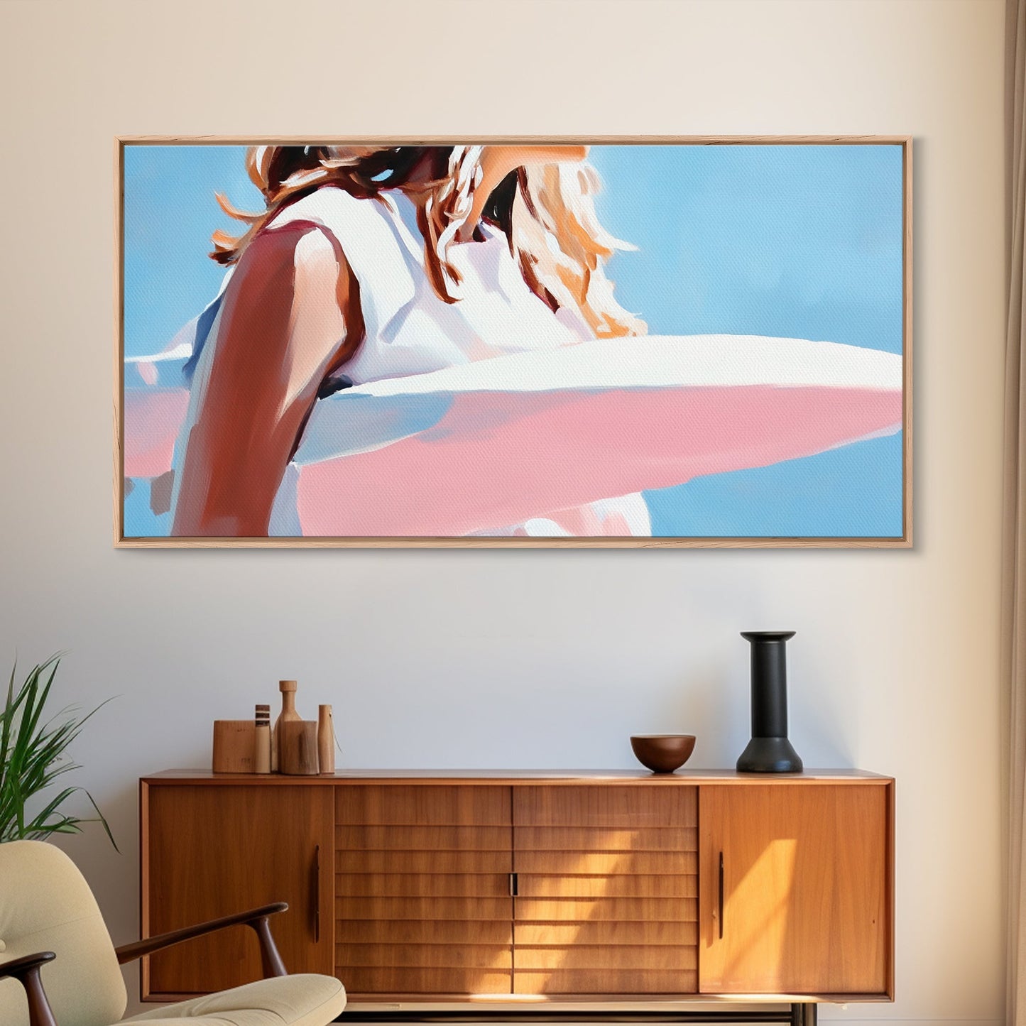 Surfer Girl, Beach Art, Ocean Waves, Canvas Print, Boho Wall Decor, Coastal Bedroom Art, Summer Painting, Modern Minimalist Artwork