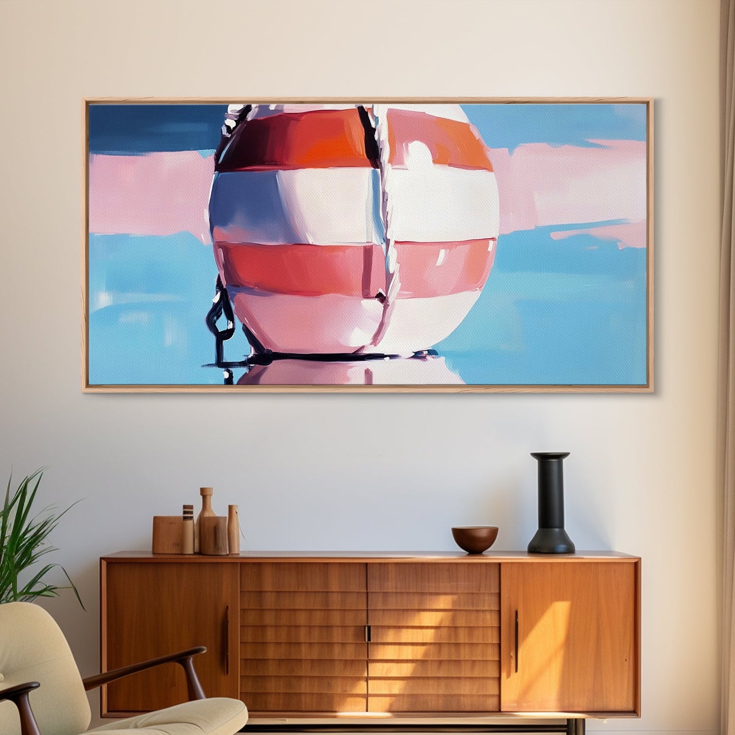 Nautical Buoy Reflection, Coastal Wall Art, Ocean Beach Print, Minimalist Seaside Decor, Modern Nautical Art, Bedroom Framed Canvas Print