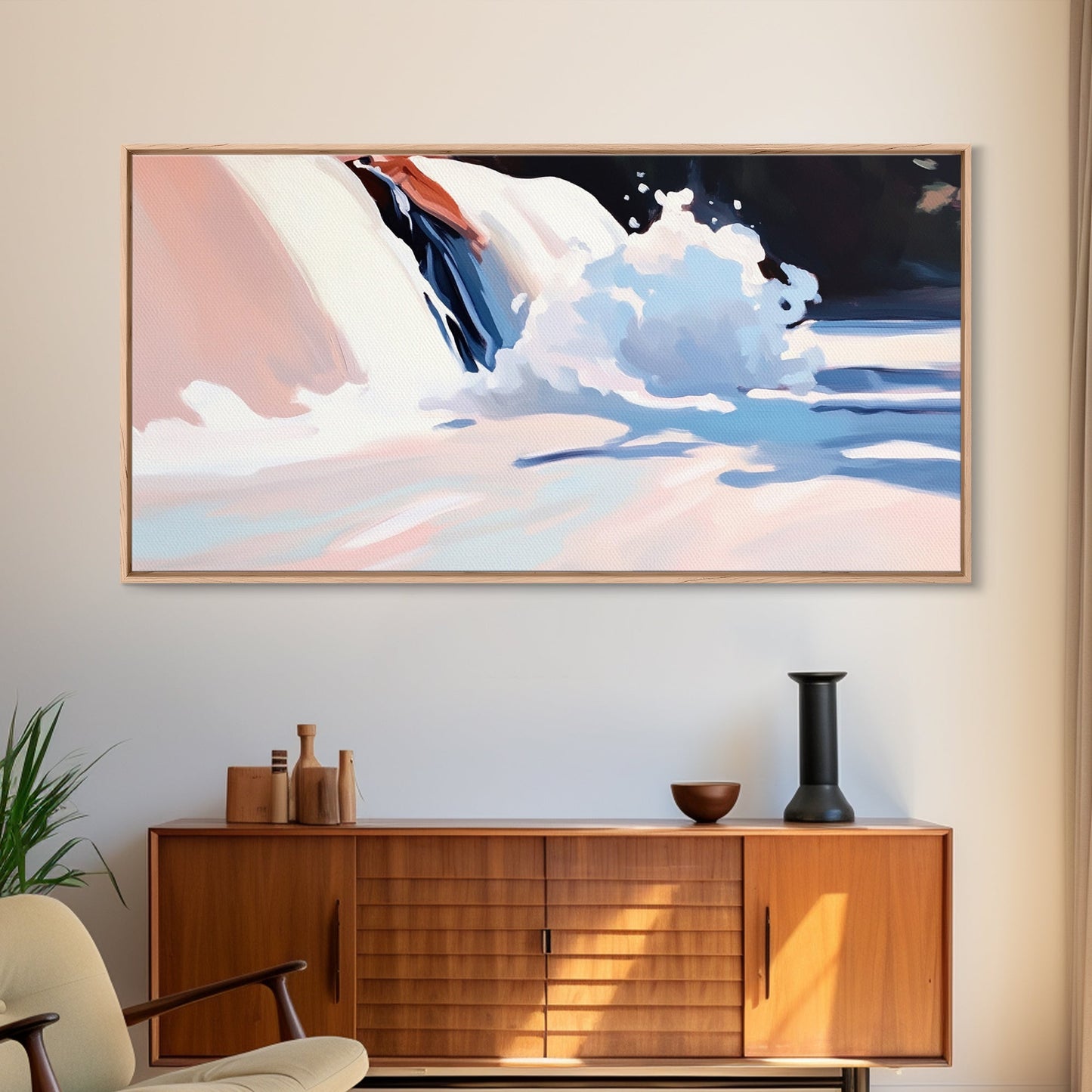 Snow Peak, Clouds, Framed Canvas Print, Alpine mountain scene, winter painting, Scandinavian decor, minimalist landscape, abstract nature art