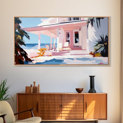 Oceanfront Porch, Coastal Home, Beach House, Seaside Retreat, Summer Vibes, Blue Wall Art, Nautical Style, Modern Decor, Framed Canvas Print