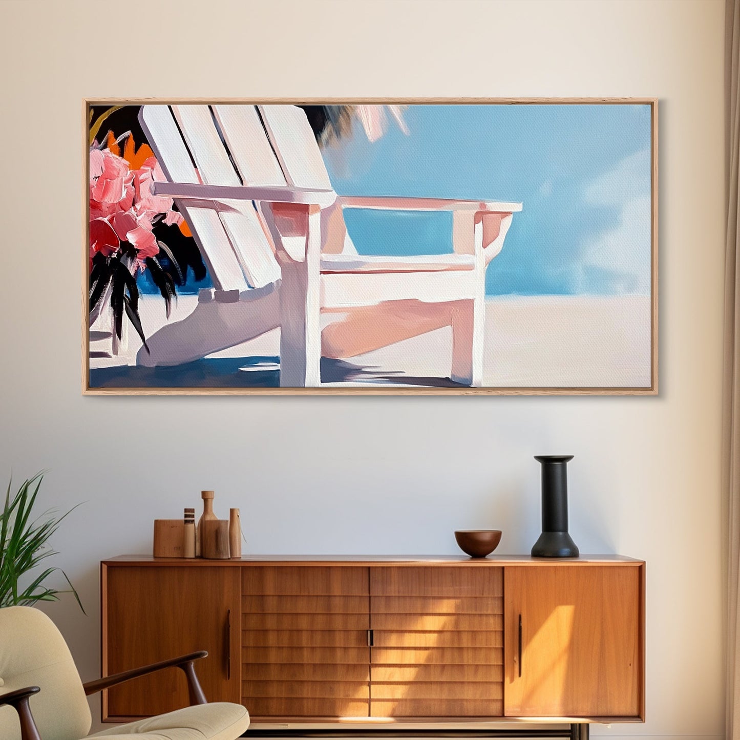 Beach Chair, Summer Relaxation, Coastal Outdoor Art, Vacation Aesthetic, Tropical Home Decor, Minimalist Pastel, Canvas Print, Patio