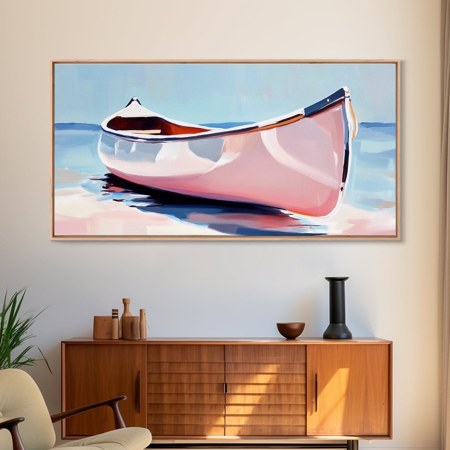 Canoe, Calm Waters, Minimalist Wall Art, Boho Adventure Decor, Nature Inspired Artwork, Lake House Aesthetic, Framed Canvas Print