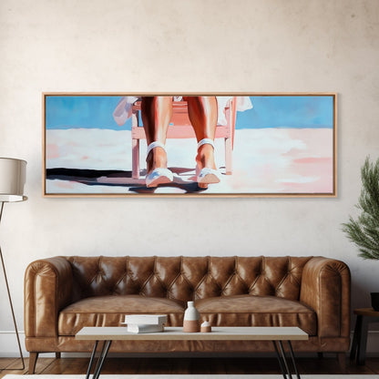 Woman Relaxing, Beach Chair Art, Coastal Summer Scene, Framed Canvas Print, Minimalist Boho Decor, Serene Seaside Home Artwork