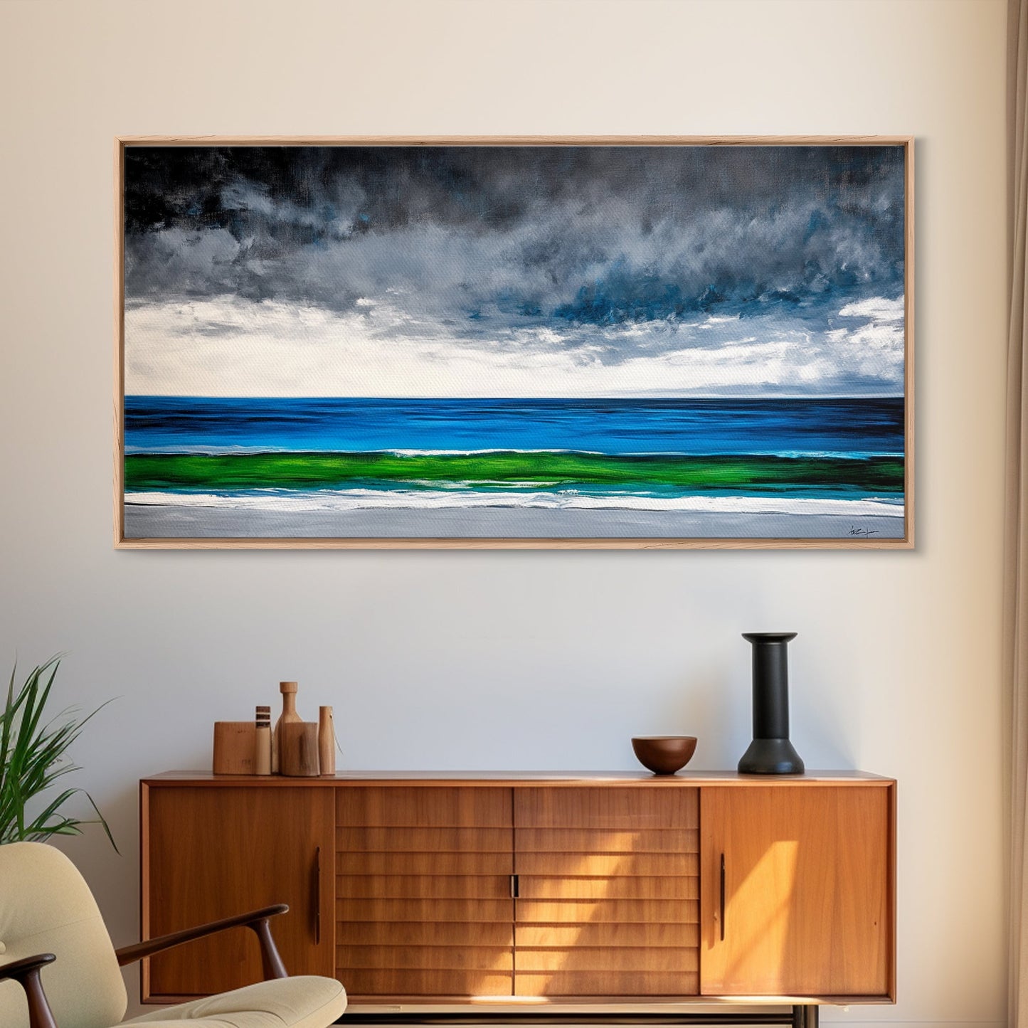 Ocean Horizon, Serene Seascape, Deep Blue, Coastal Wall Art, Minimalist Nature, Framed Canvas Print, Office Decor, Modern Beach Painting