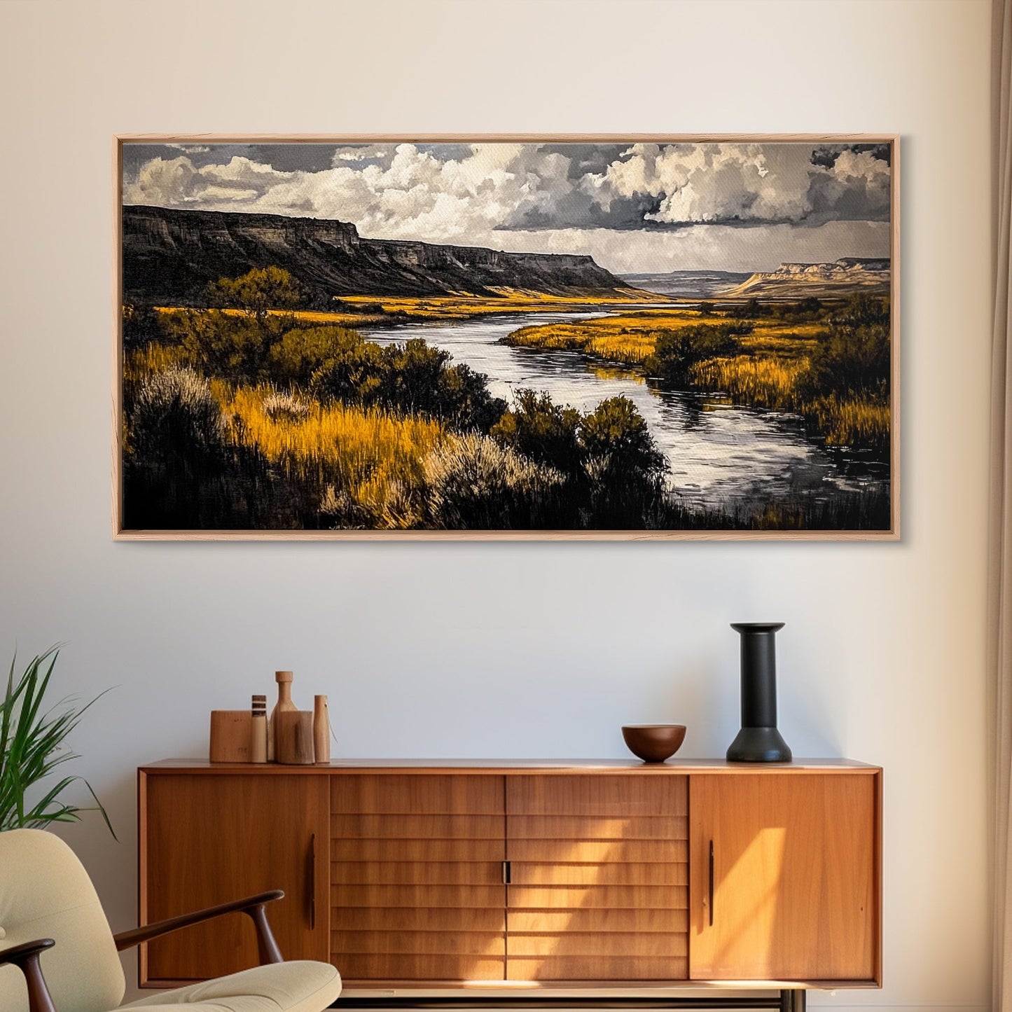 Western River, Rustic Landscape, Southwest Art, Moody Nature Painting, Lodge Wall Decor, Mountain Home Art, Canvas Print, Coastal Print