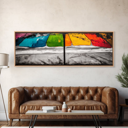 Colorful Umbrella Art, Abstract Beach Painting, Coastal Modern Decor, Vibrant Seaside Print, Bold Canvas Print, Framed Canvas Print