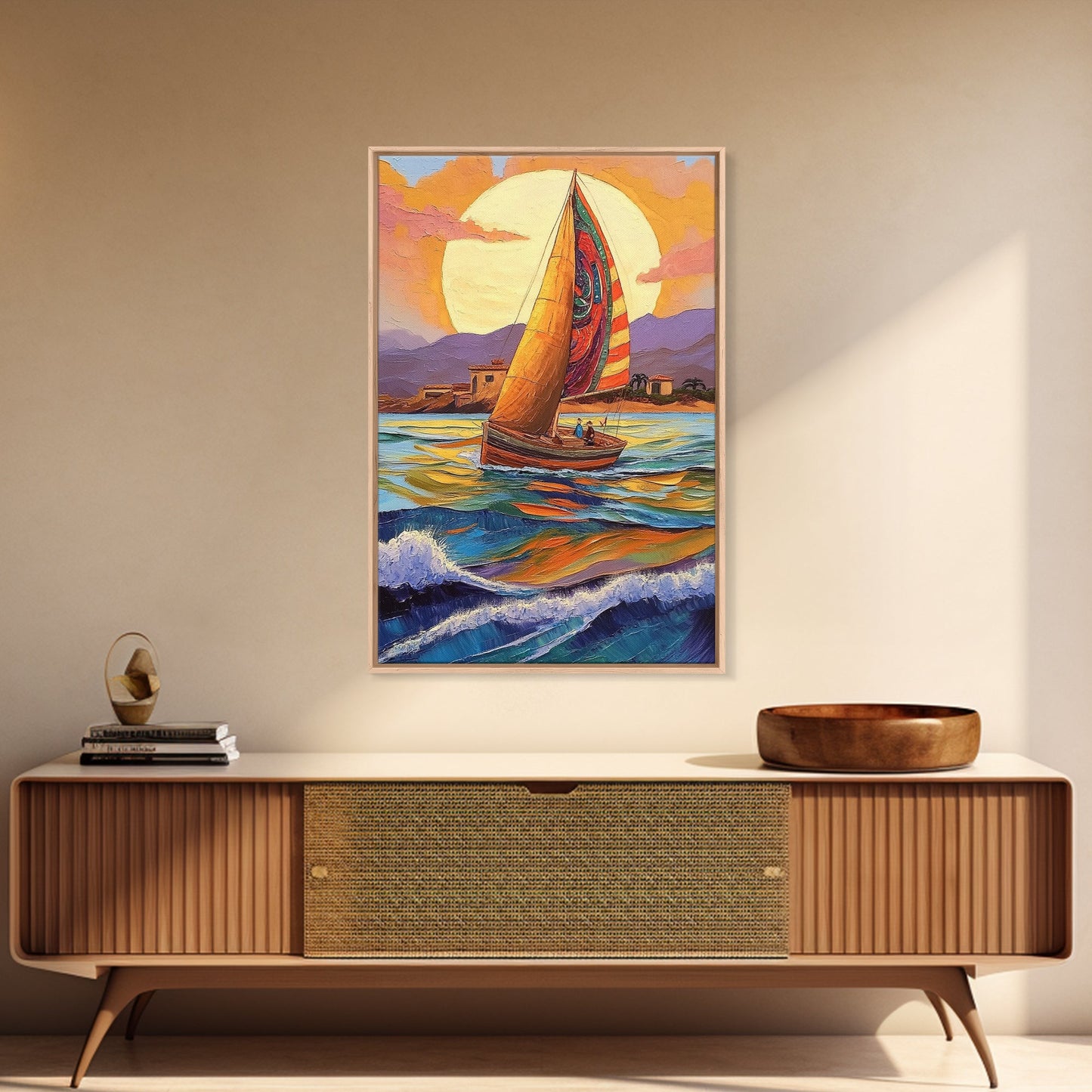 Colorful Sailboat, Coastal Adventure, Sunset Sea, Nautical Art, Living Room Wall Art, Tropical Decor, Framed Canvas Print, Ocean Vibes