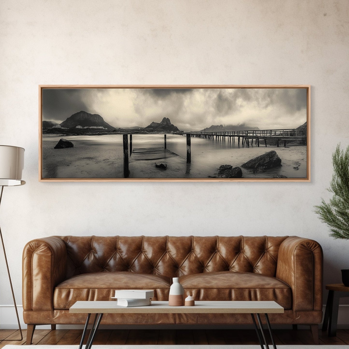 Dockside Calm, Stormy Shore, Ocean Jetty, Framed Canvas Print, Moody Coastal Wall Art, Living Room Art, Rustic Lakehouse Decor