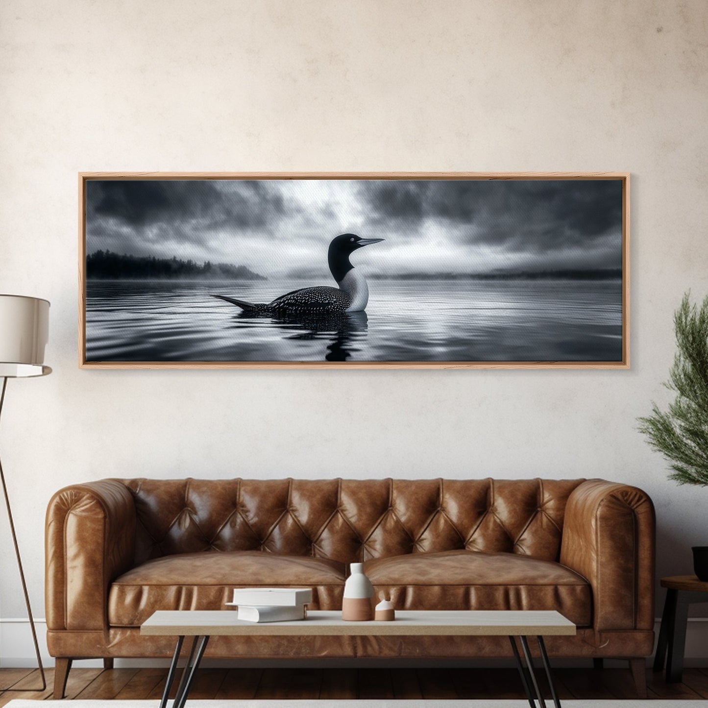 Northern Loon, Water Calm, Moody Wildlife, Canvas Print, Nature Wall Decor, Black and White Animal Art, Lakehouse Wall Art