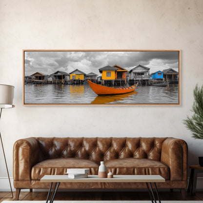 Colorful House Boats, Yellow Stilt Village, Framed Canvas Print, Vibrant Coastal Wall Art, Travel Photography, Living Room Accent Decor
