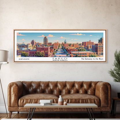 Fargo North Dakota Panoramic Painting, Mid Century Modern Framed Canvas Print, Retro Pop Art Travel Poster, City Wall Art