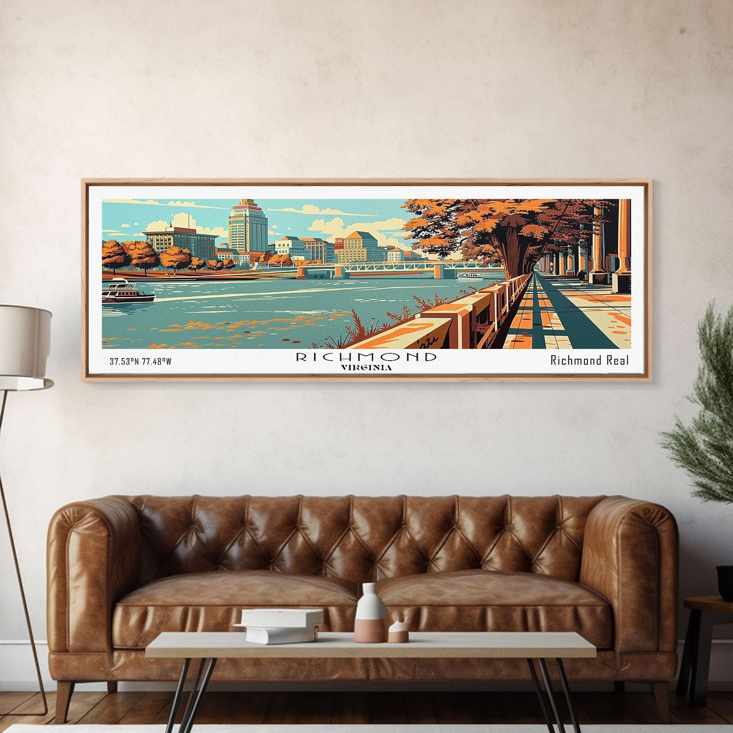 Richmond Virginia Panoramic Wall Art, Mid Century Modern Framed Canvas Print, Retro Pop Art Travel Poster, Office Decor, Cityscape Art